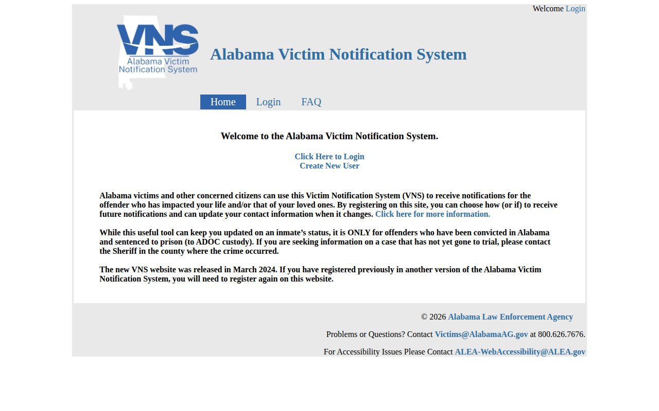 Alabama Victim Notification System scope page