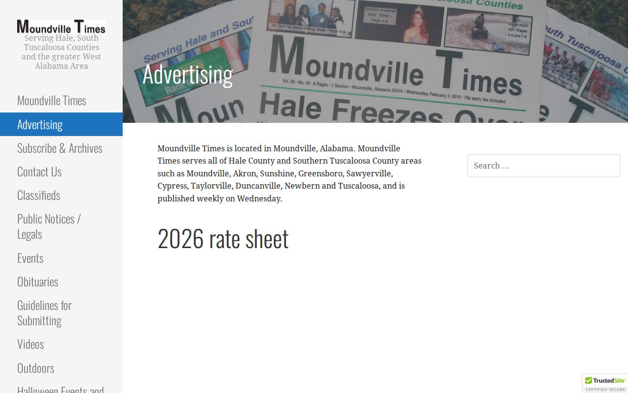 Moundville Times page for weekly Hale County and city coverage